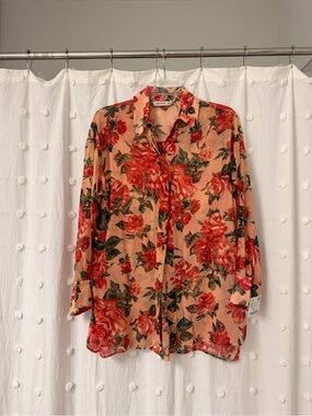 Zara Button-Up Blouse with Red Floral Print